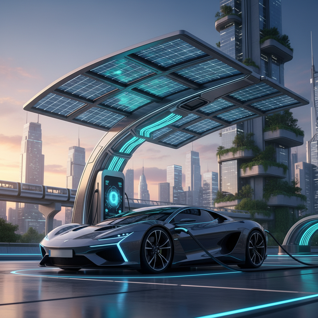 Une voiture électrique sportive en train de charger à une borne de recharge moderne avec des panneaux solaires en arrière-plan, représentant la transition vers l'électromobilité.