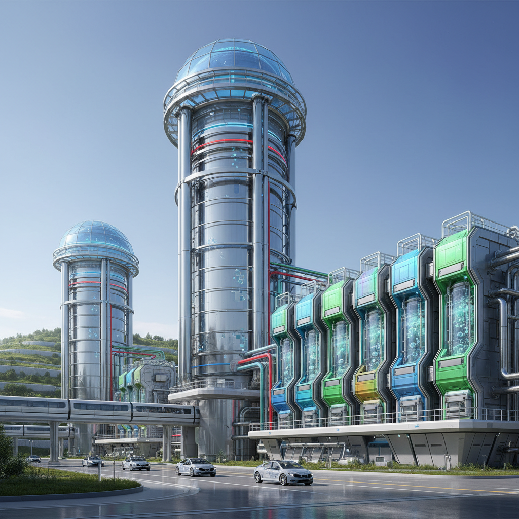 Une usine moderne et complexe avec des tours de capture de CO2 et des unités d'électrolyse d'hydrogène, symbolisant la production de carburants synthétiques.