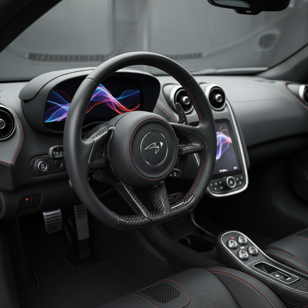 Gros plan sur le tableau de bord et le volant d'une McLaren 570S, montrant les matériaux de luxe et les écrans numériques.