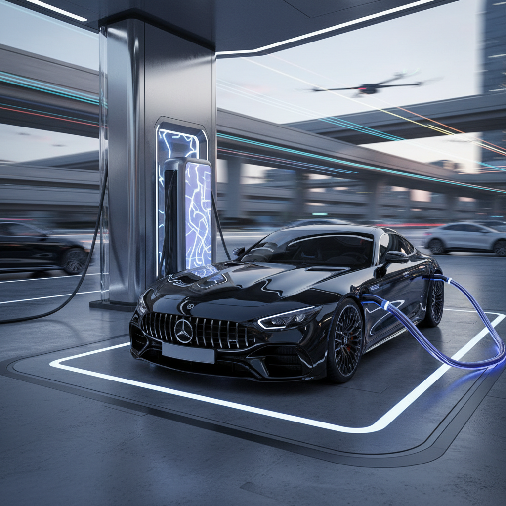 Mercedes-AMG GT électrique en cours de recharge ultra-rapide, avec des câbles lumineux et un environnement futuriste.