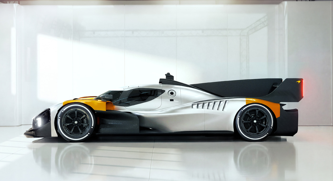 Image conceptuelle d'une voiture de Formule 1 McLaren futuriste pour la saison 2027, avec un design élégant et une aérodynamique avancée.
