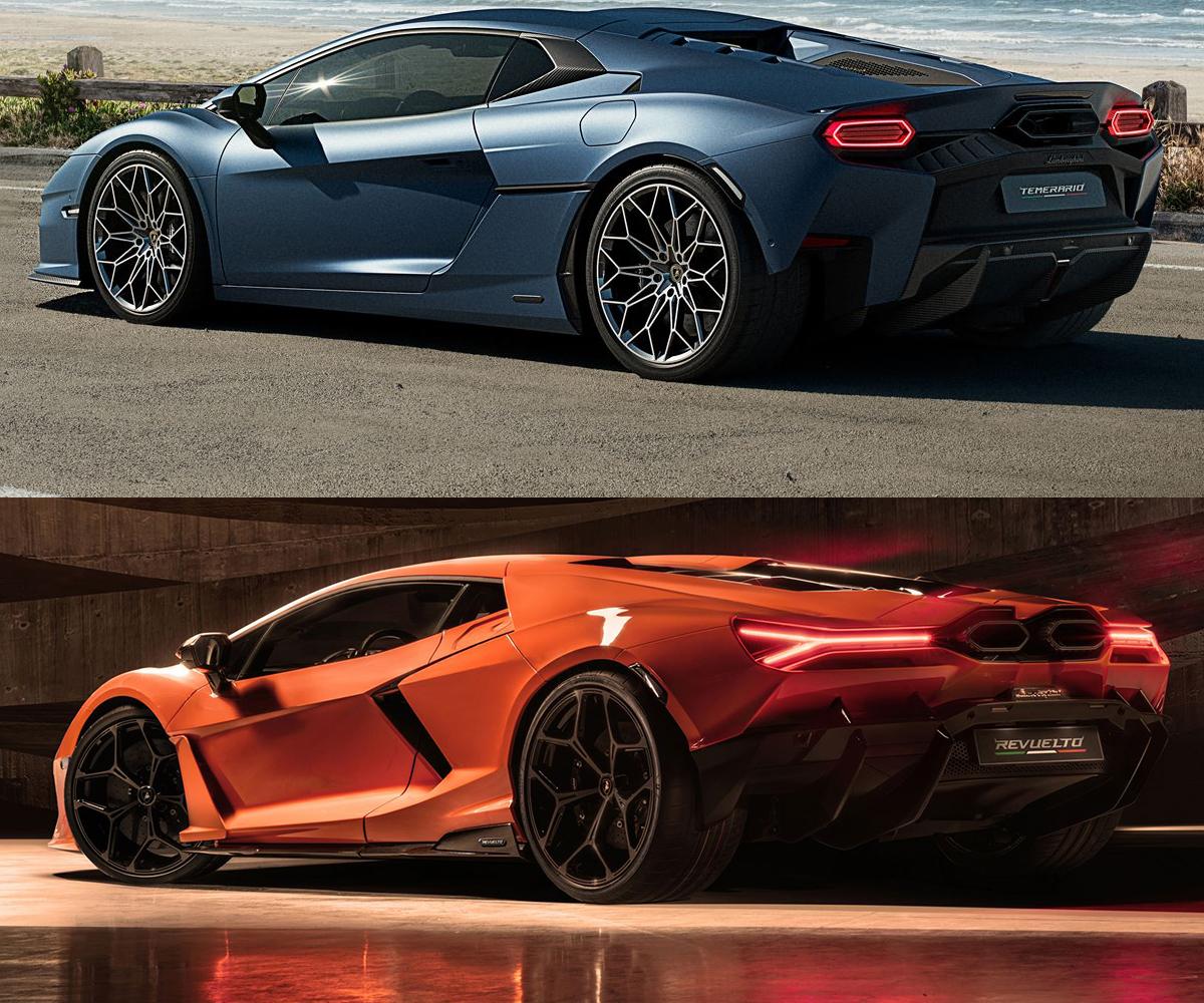 Image de la Lamborghini Revuelto et de la Lamborghini Temerario garées l'une à côté de l'autre, mettant en évidence leurs designs distincts.