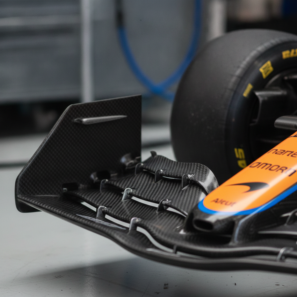 Gros plan sur l'aileron avant d'une voiture de Formule 1 McLaren, montrant les éléments aérodynamiques complexes et la texture en fibre de carbone.