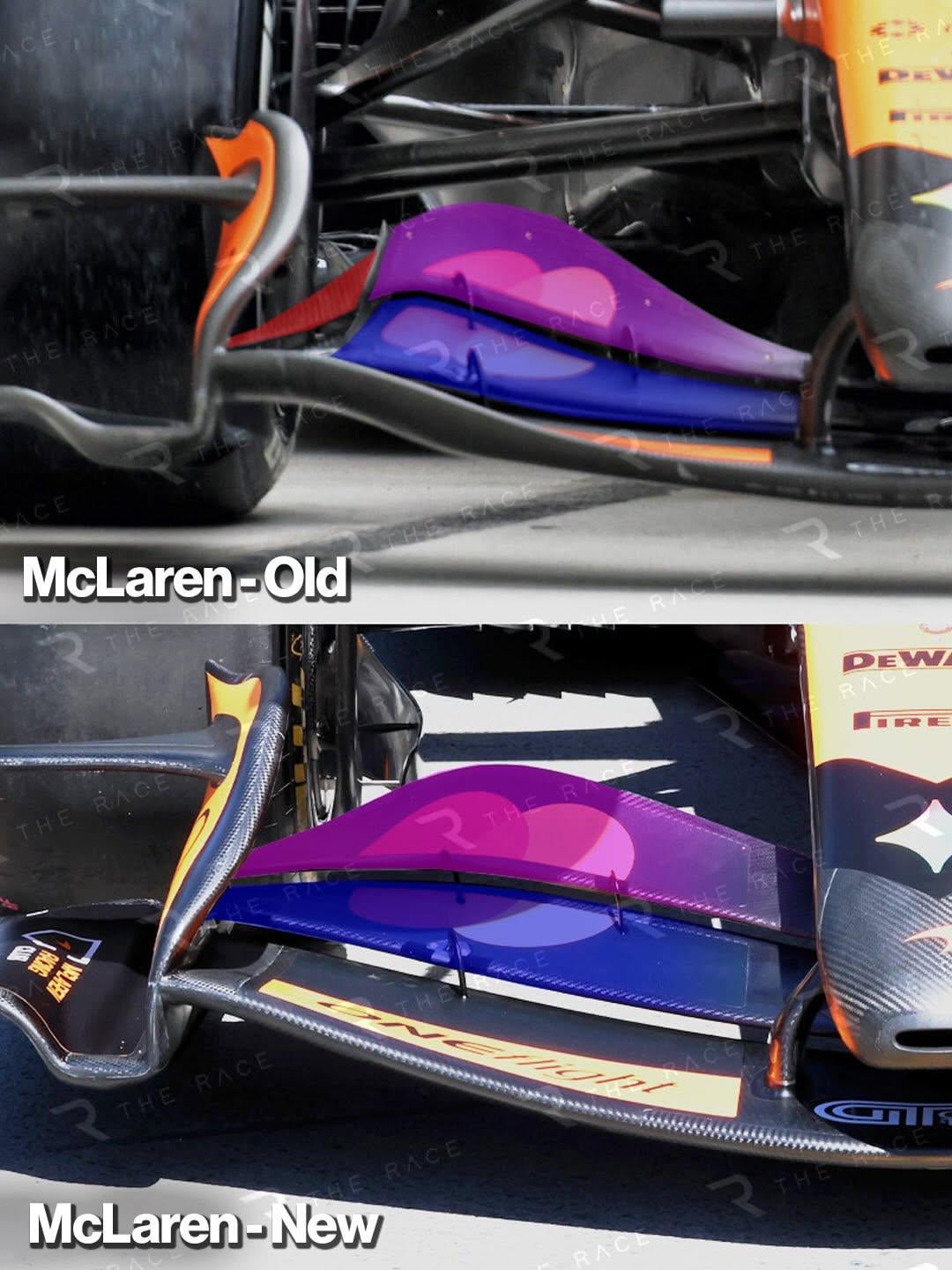 Un aileron avant de Formule 1 McLaren en cours de fabrication, avec des couches de fibre de carbone visibles et des techniciens travaillant avec précision.