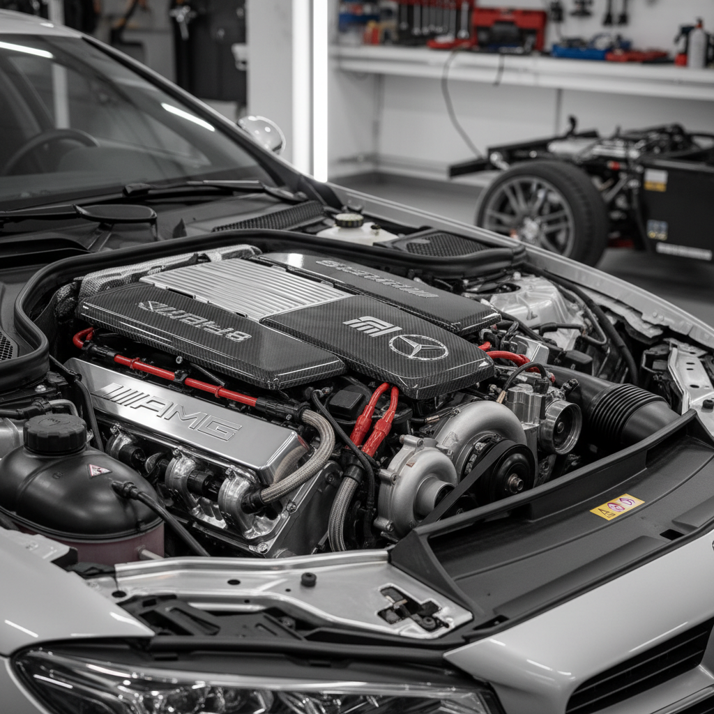 Moteur six cylindres en ligne Mercedes-AMG détaillé, avec le logo AMG visible sur le cache-moteur, dans un compartiment moteur propre.