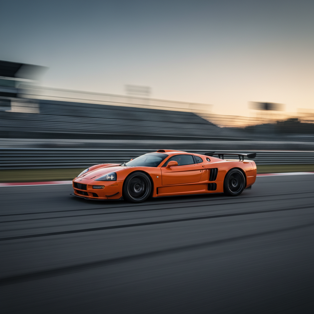 Une Saleen S7 jaune vif en train de prendre un virage serré sur une piste de course, avec un effet de flou de mouvement.