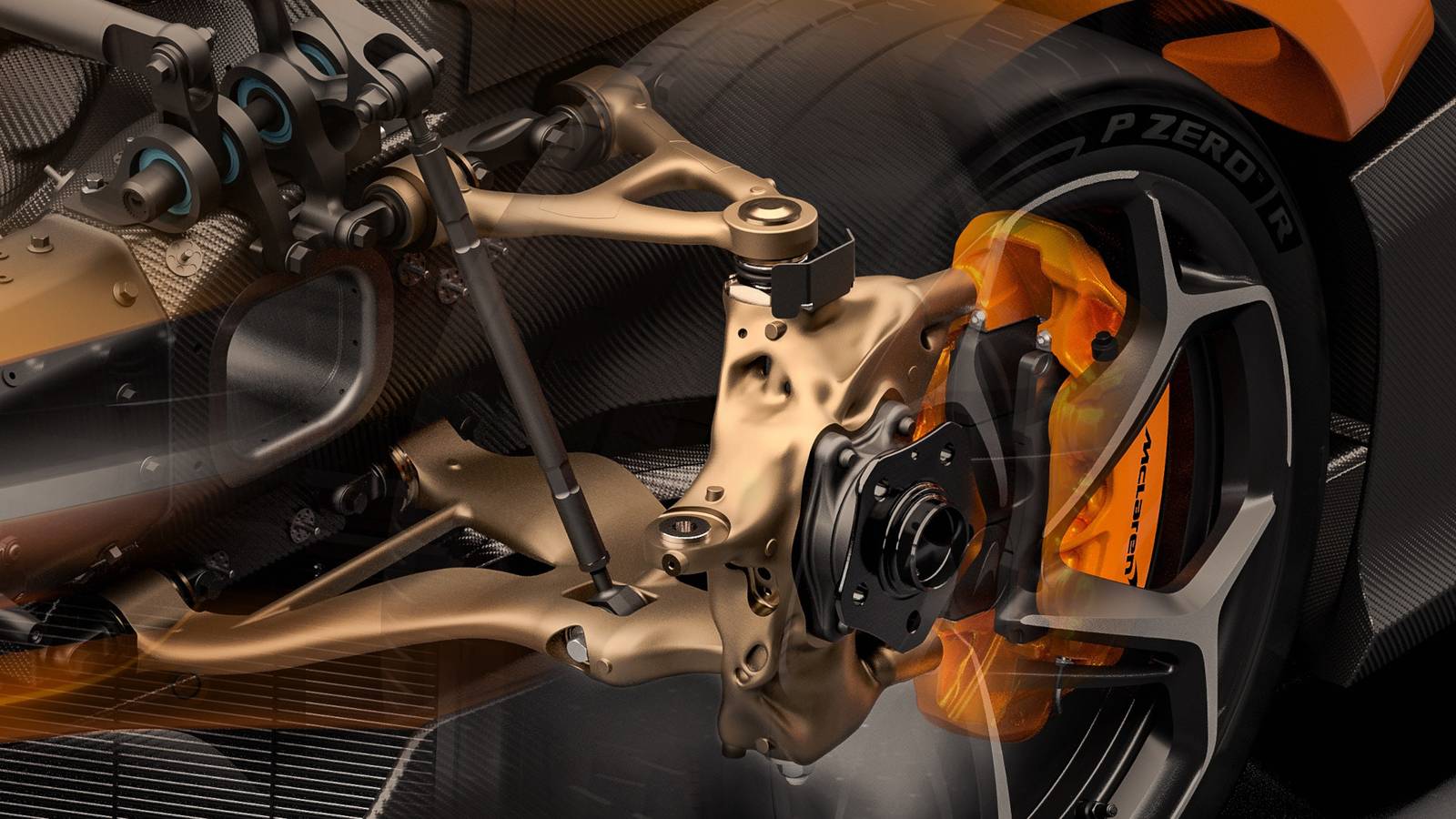 Gros plan sur la suspension d'une McLaren Artura, montrant les amortisseurs et les bras de suspension.