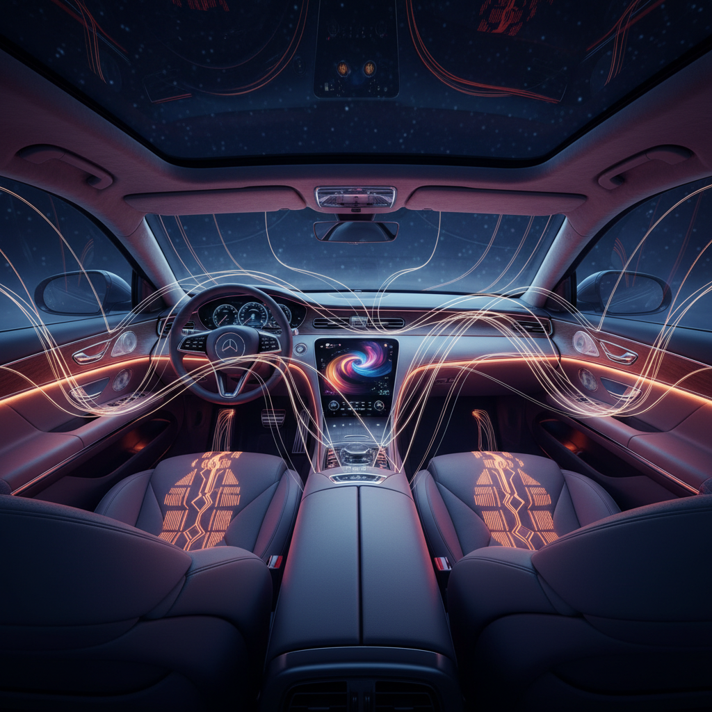 Représentation abstraite d'un système de son V8 simulé dans l'habitacle d'une voiture, avec des ondes sonores et des retours haptiques.