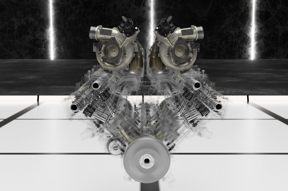 Vue détaillée du moteur V8 biturbo hybride de la Lamborghini Temerario.
