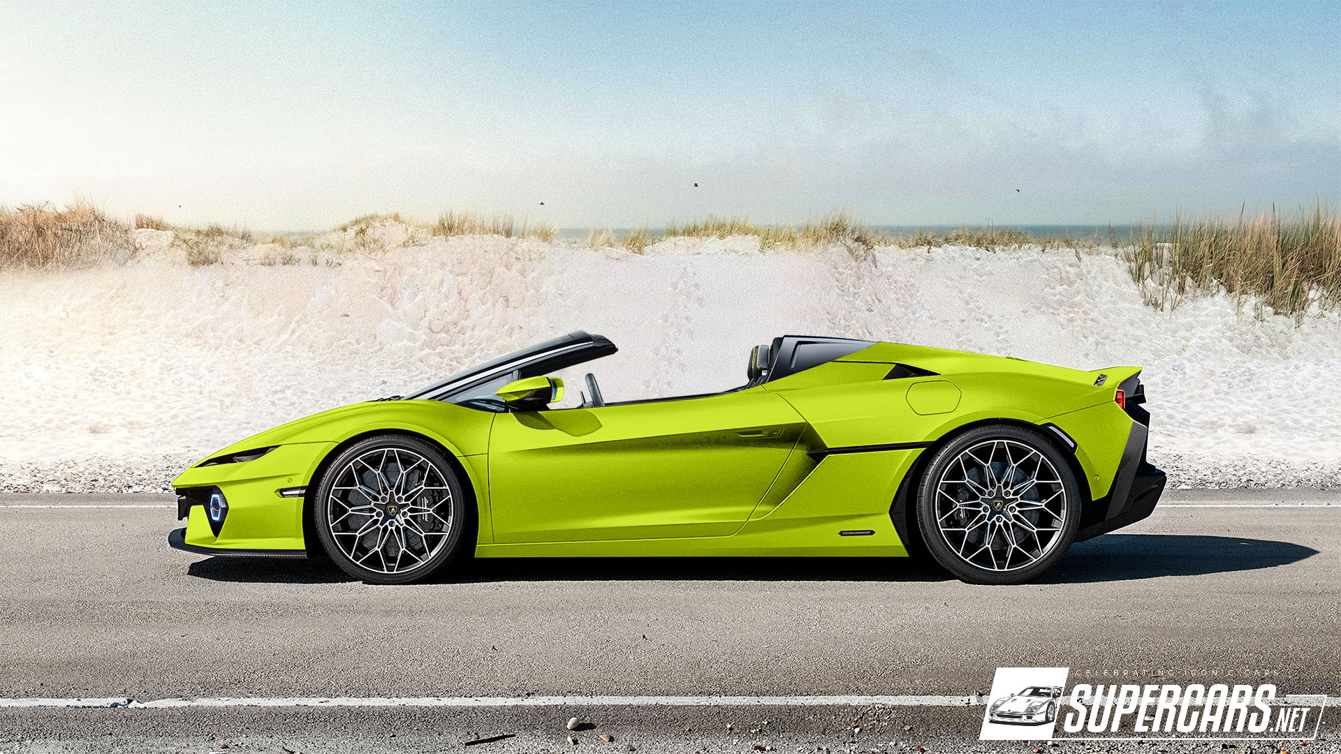 Lamborghini Temerario Spyder décapotable garée sur une route côtière au coucher du soleil.