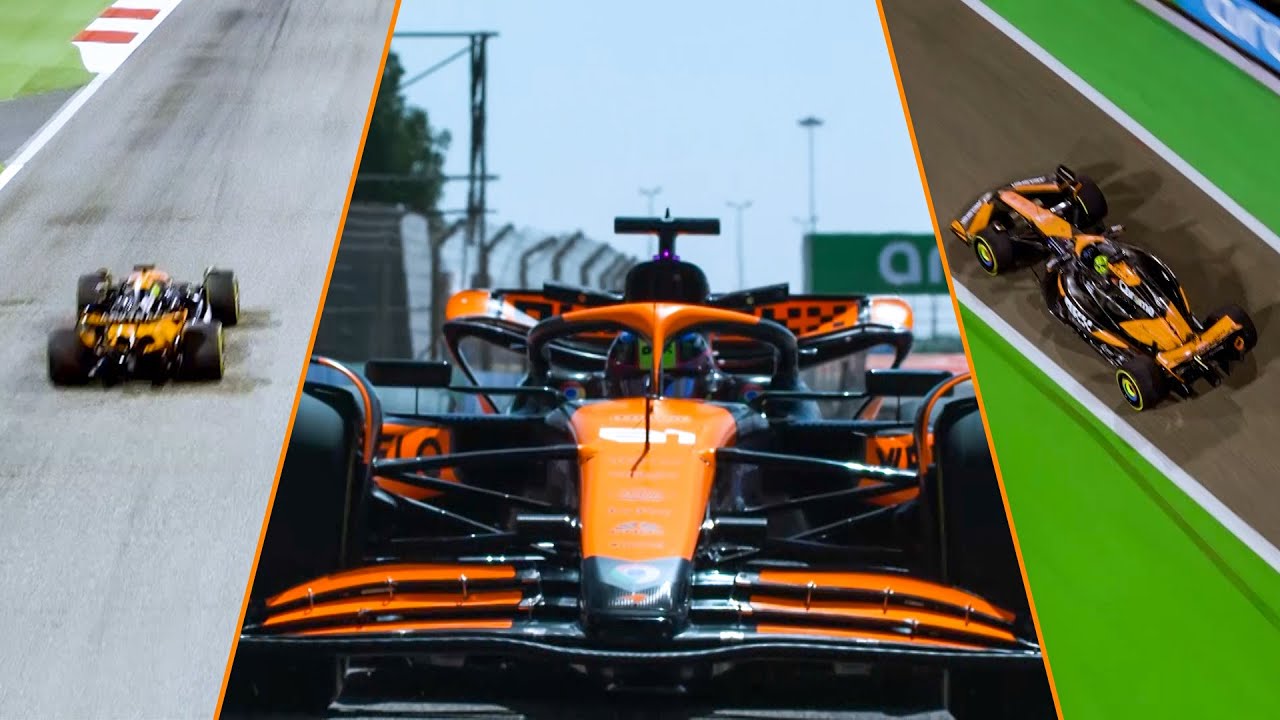 Une McLaren F1 roulant à grande vitesse sur un circuit, vue sous un angle dynamique.