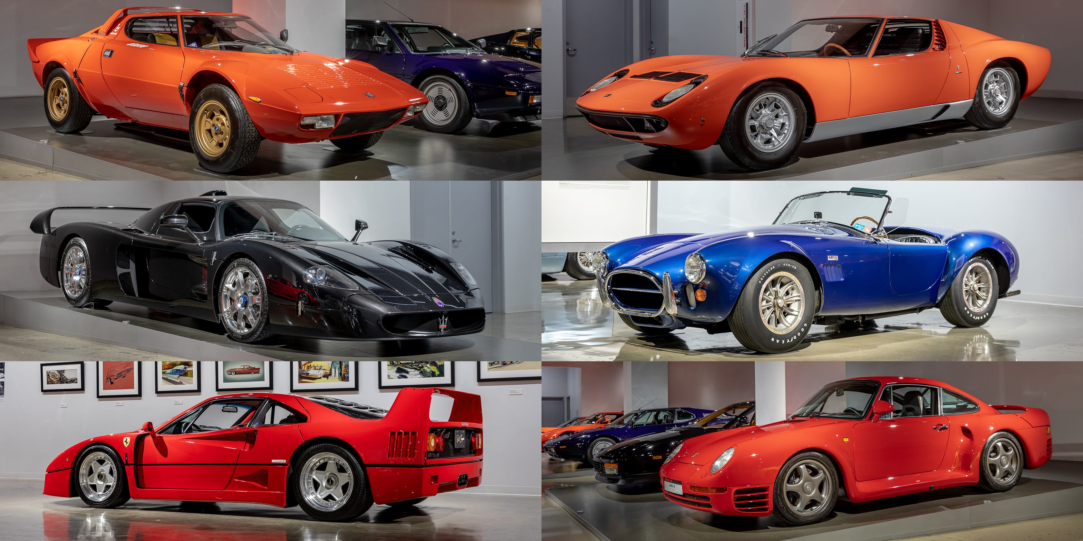 Plusieurs supercars classiques de différentes époques, garées dans un garage luxueux, représentant un investissement automobile.