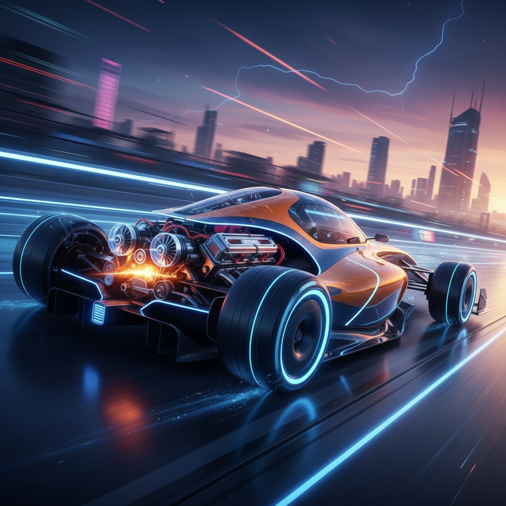 Image conceptuelle d'une McLaren de Formule 1 avec un moteur V8 visible, sur une piste de course.