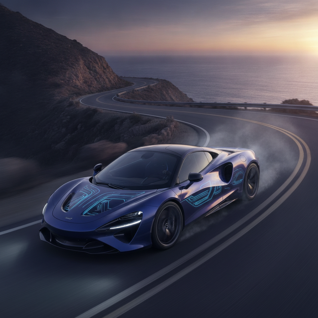 Une McLaren Artura bleue foncée en mouvement sur une route de montagne, illustrant l'intégration de l'hybridation dans les supercars McLaren.