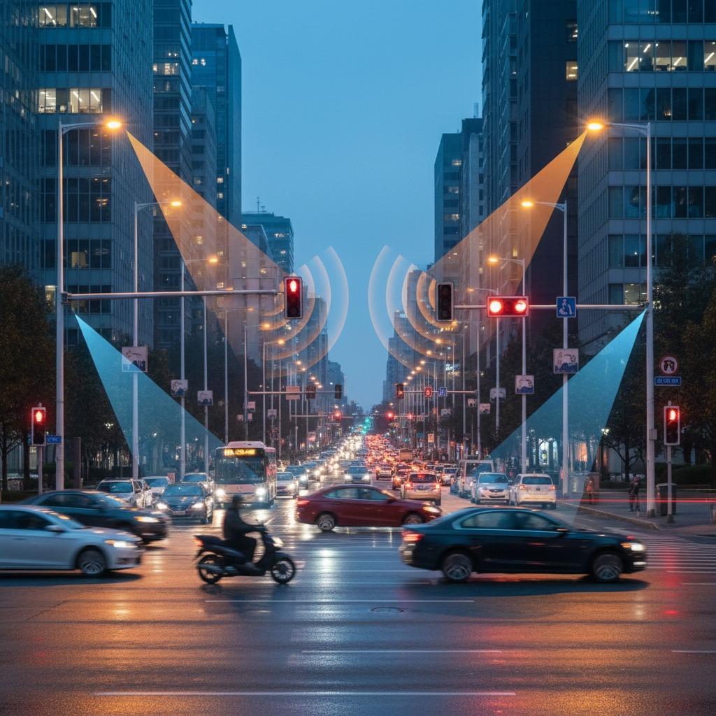Un radar routier moderne, discret et polyvalent, surveillant plusieurs véhicules sur une autoroute.