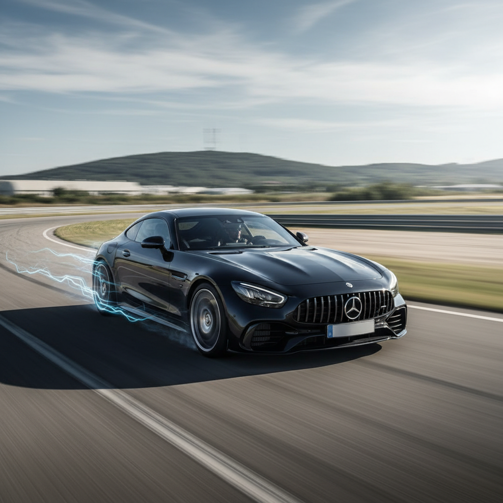 Image dynamique d'une Mercedes-AMG GT Berlina électrique en mouvement, suggérant sa puissance et sa vitesse impressionnantes sur une piste.