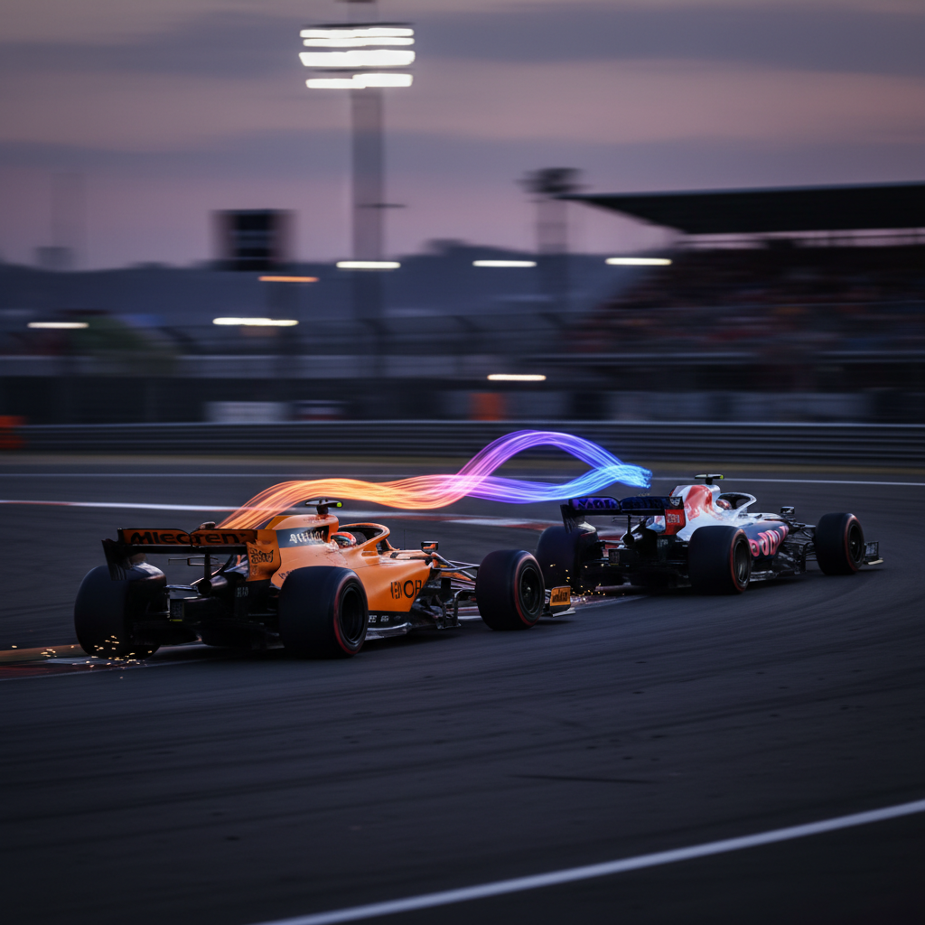 Deux voitures de Formule 1, l'une McLaren et l'autre d'une équipe différente, en pleine course, avec une suggestion visuelle d'alliance ou de connexion entre elles.