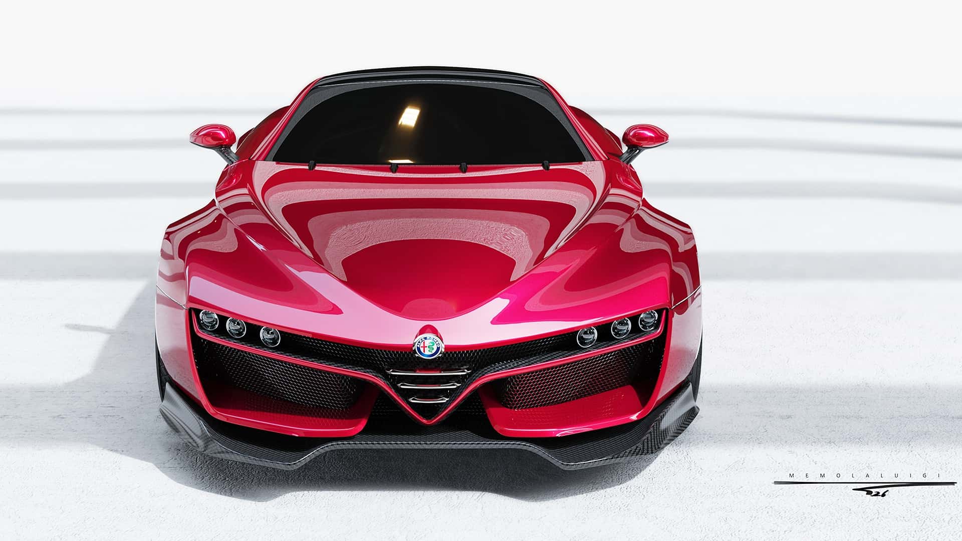 Vue latérale d'un concept car Alfa Romeo Brera 2026 rouge vif, avec des lignes aérodynamiques et des jantes sportives, garé sur une route de montagne.