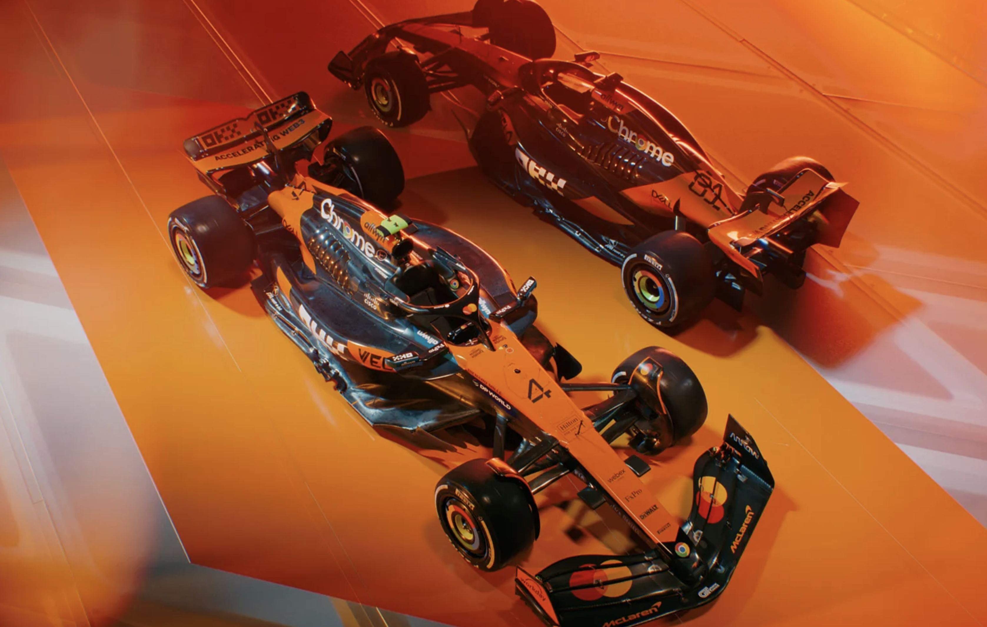 Image photoréaliste du châssis et de la suspension de la McLaren F1 2026, mettant en avant la technologie et la robustesse.