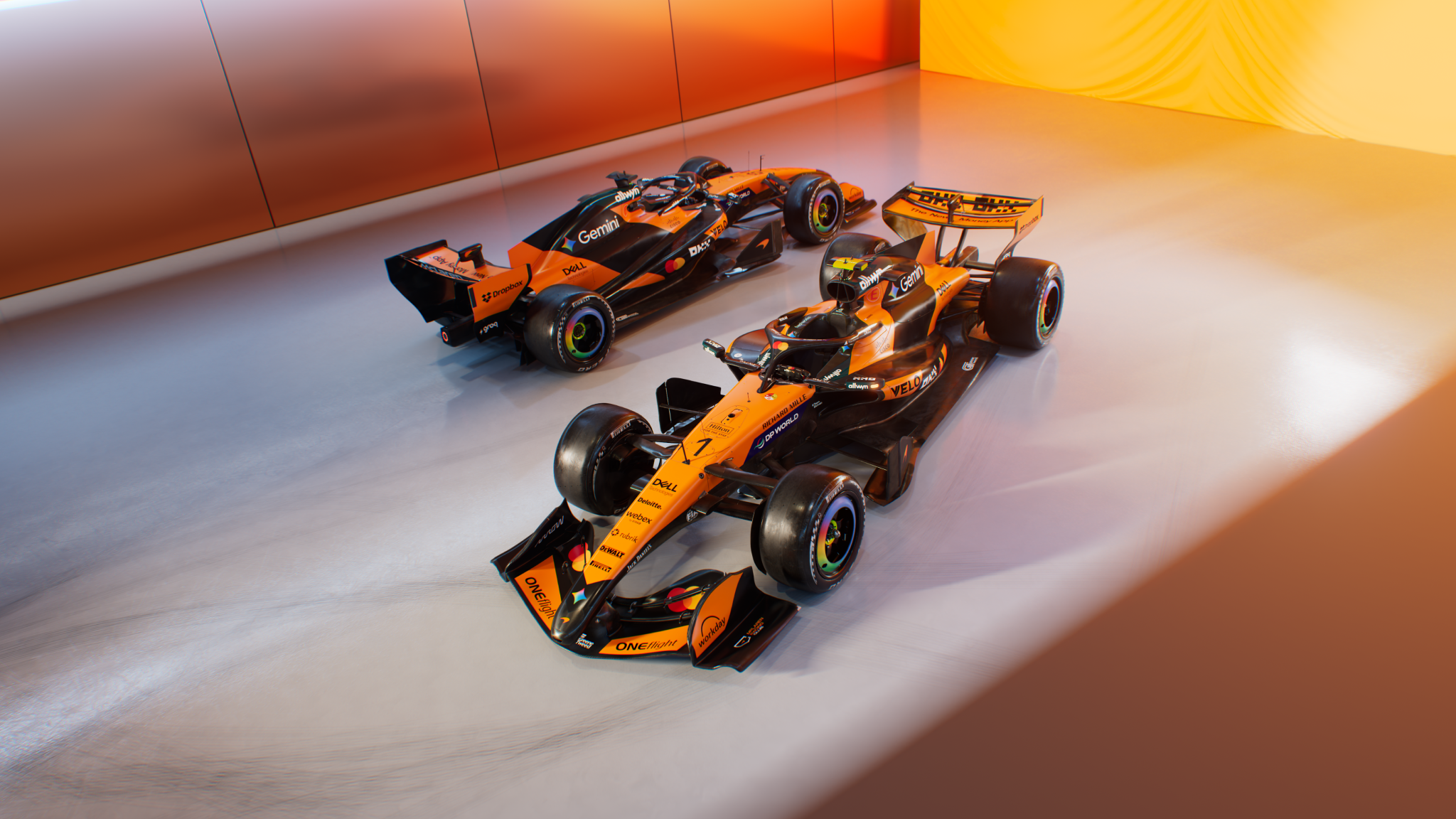 Image photoréaliste de la McLaren F1 2026 en soufflerie, montrant les détails complexes de son design aérodynamique.