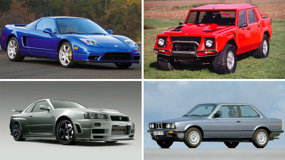 Plusieurs supercars classiques des années 80 à 2000, dont des Porsche et des Mercedes, exposées dans un garage de collectionneur.
