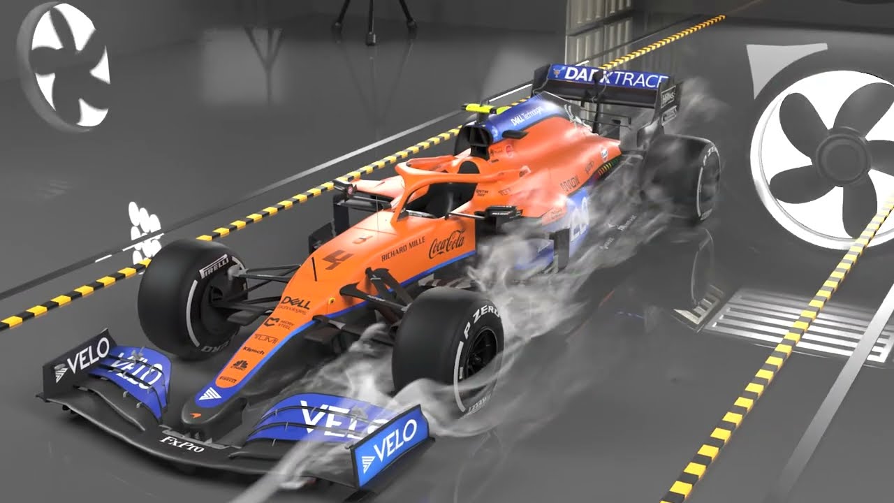 Une voiture de Formule 1 McLaren dans une soufflerie, avec des ingénieurs observant les données sur des écrans.