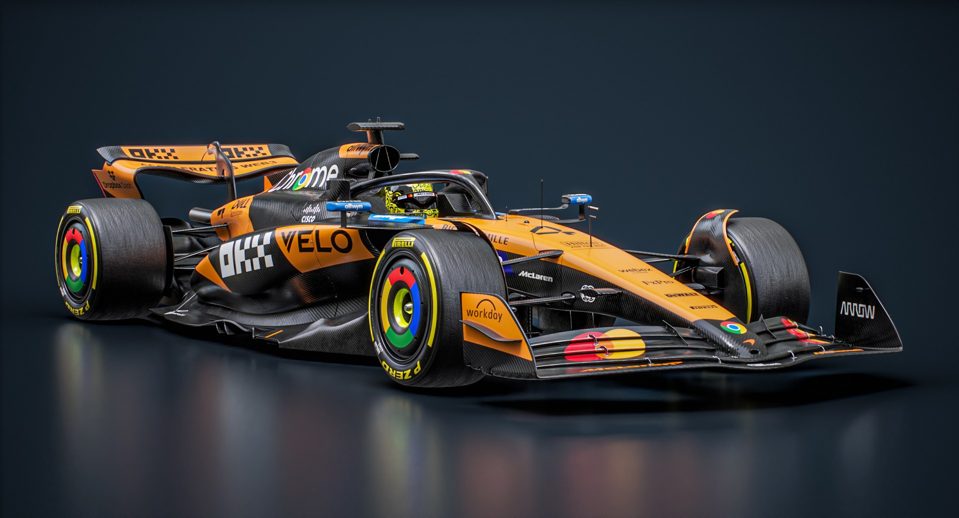 Vue détaillée de la McLaren MCL39 en studio, avec sa livrée orange et noire, prête pour la saison 2026.