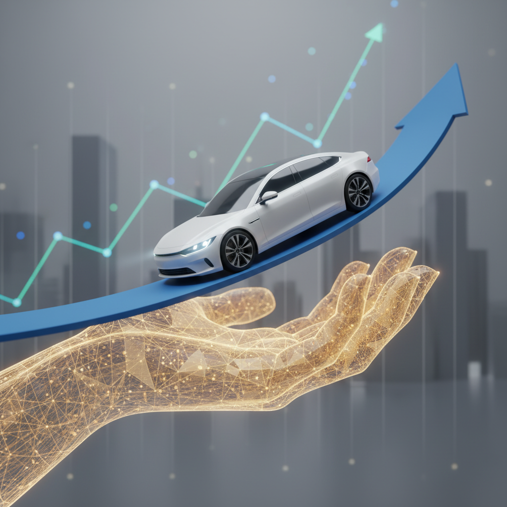 Représentation visuelle de l'impact des subventions sur le marché allemand des voitures électriques, avec une main soutenant une voiture électrique en ascension.