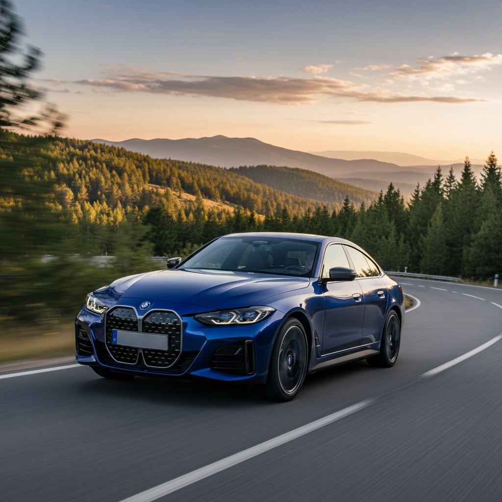 Image dynamique d'une BMW électrique en virage, illustrant sa tenue de route et la performance de sa suspension.