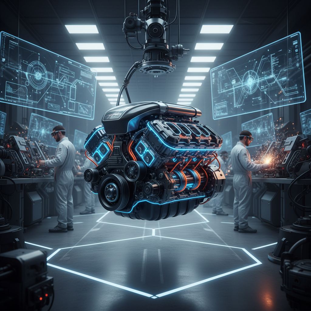 Image conceptuelle d'un moteur de Formule 1 futuriste en cours de conception dans un laboratoire de haute technologie, représentant l'indépendance technique.