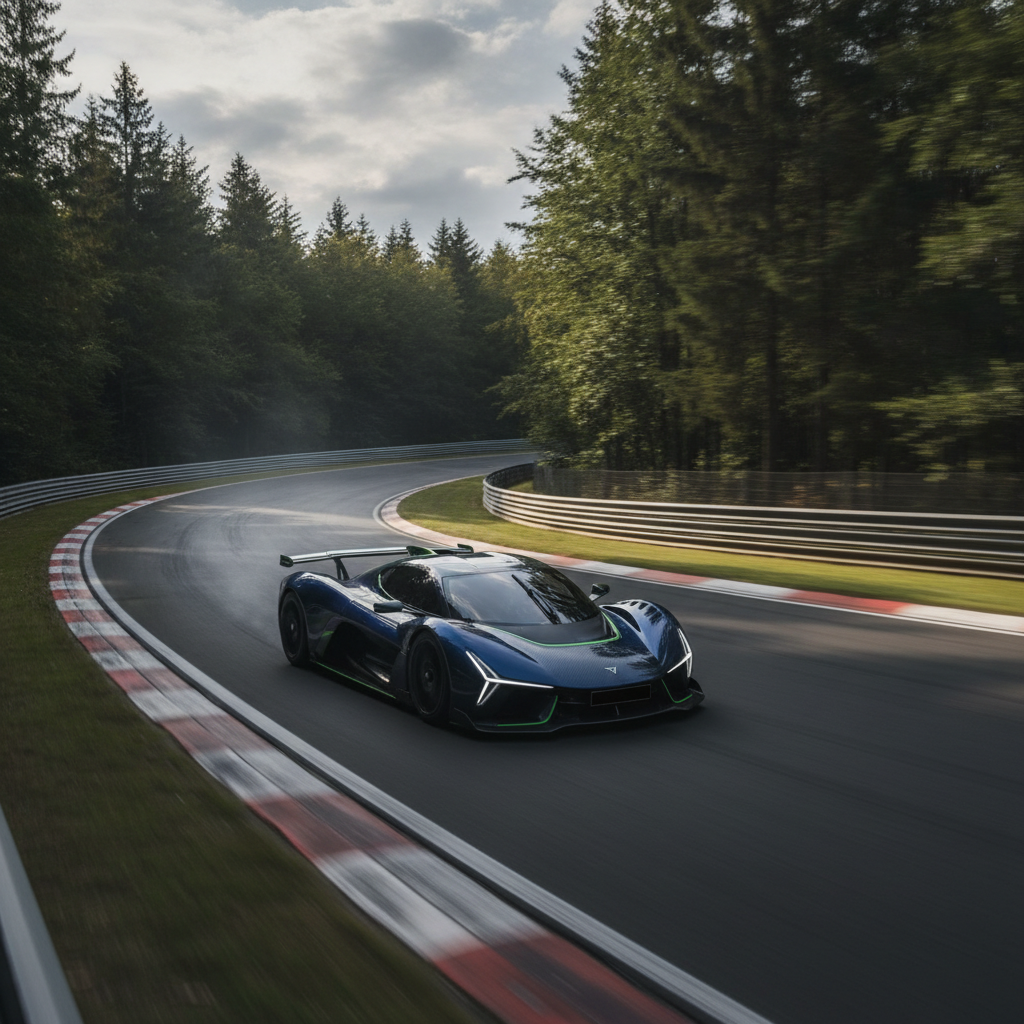 Une voiture de sport électrique rouge vif négociant un virage sur le circuit verdoyant du Nürburgring Nordschleife, avec des tribunes en arrière-plan.