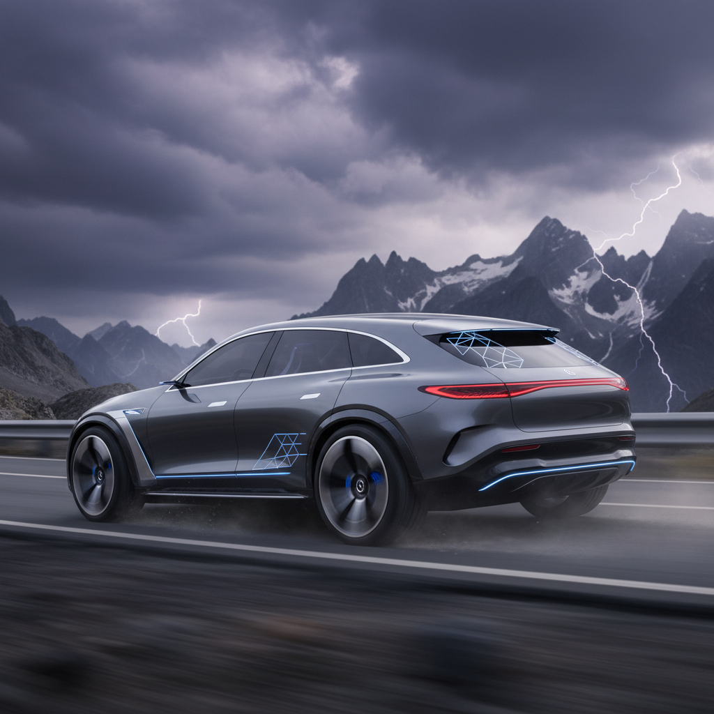 Un concept de SUV électrique Mercedes-AMG futuriste et agressif, avec des signatures lumineuses innovantes et de grandes roues sportives, en pleine action sur une route sinueuse avec un paysage montagneux dramatique en arrière-plan sous un ciel orageux.