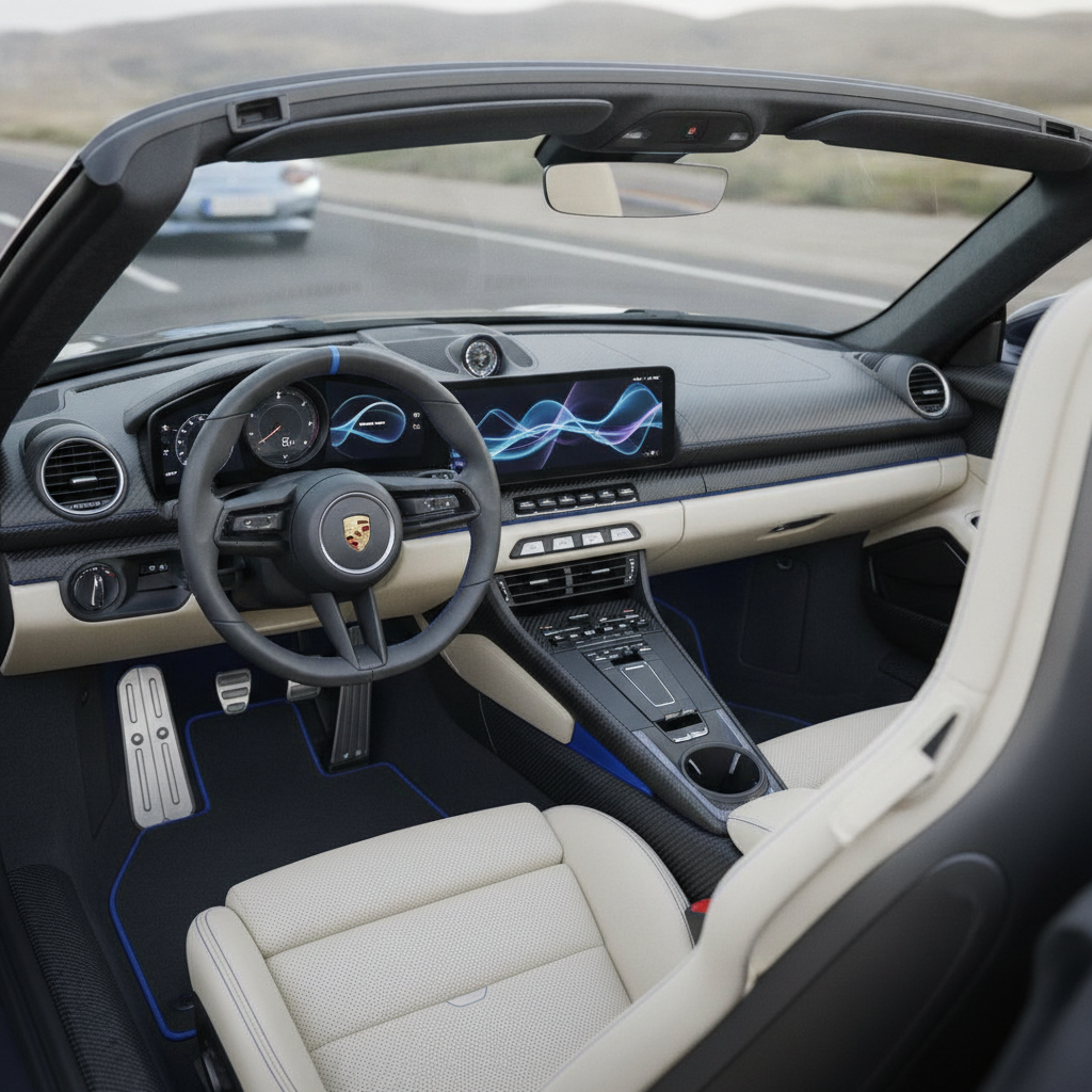 Vue de l'habitacle d'une Porsche 718 Boxster électrique de 2026, avec un écran central proéminent et des finitions en fibre de carbone.