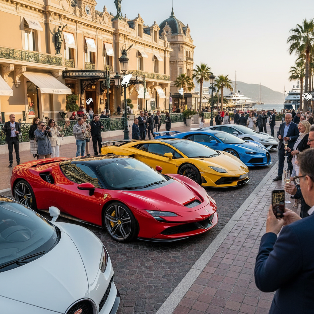 Plusieurs supercars et hypercars garées devant des bâtiments de luxe à Monte-Carlo, avec des gens qui les admirent.
