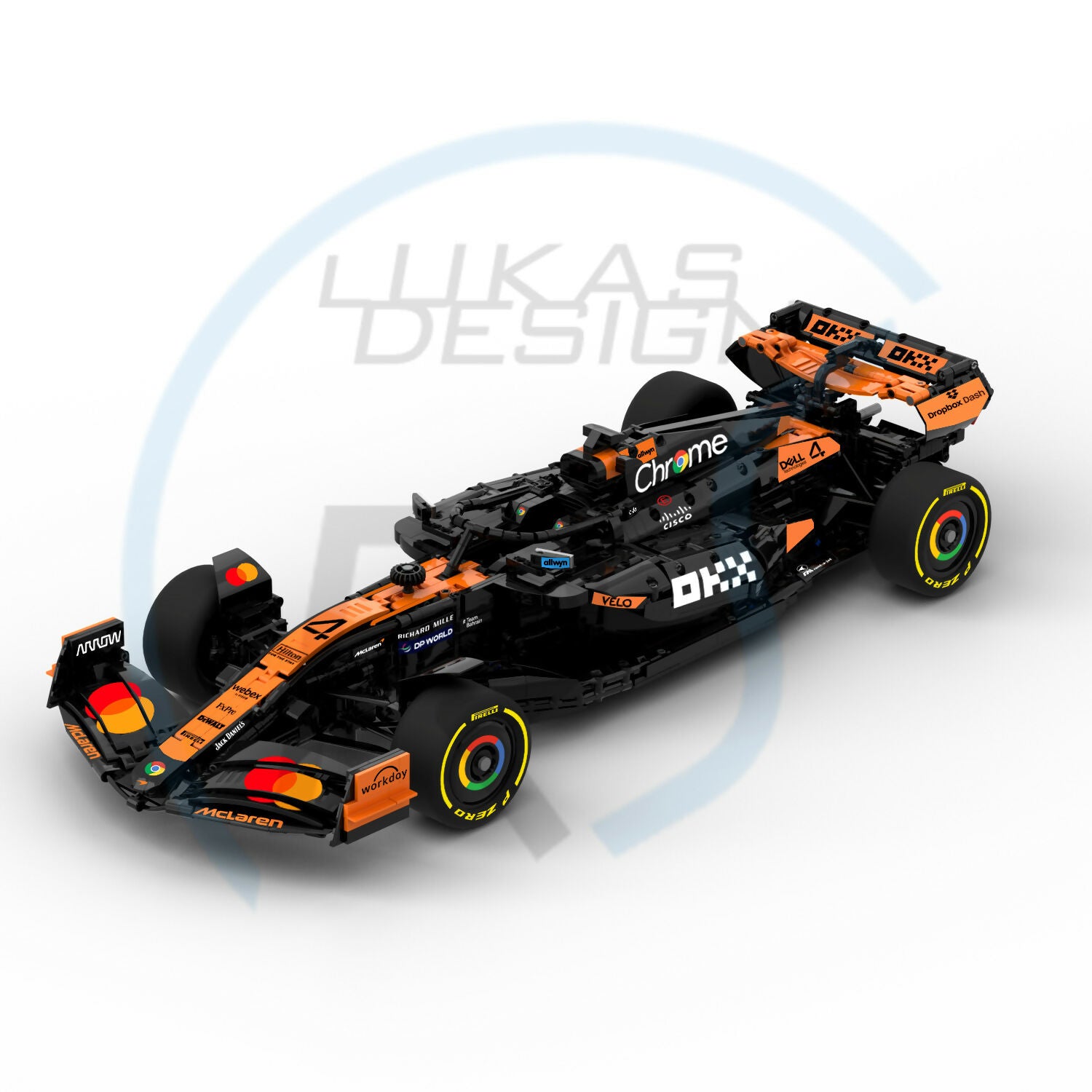 Une réplique LEGO détaillée de la monoplace McLaren MCL39 de Formule 1, avec ses lignes aérodynamiques et ses couleurs vives.