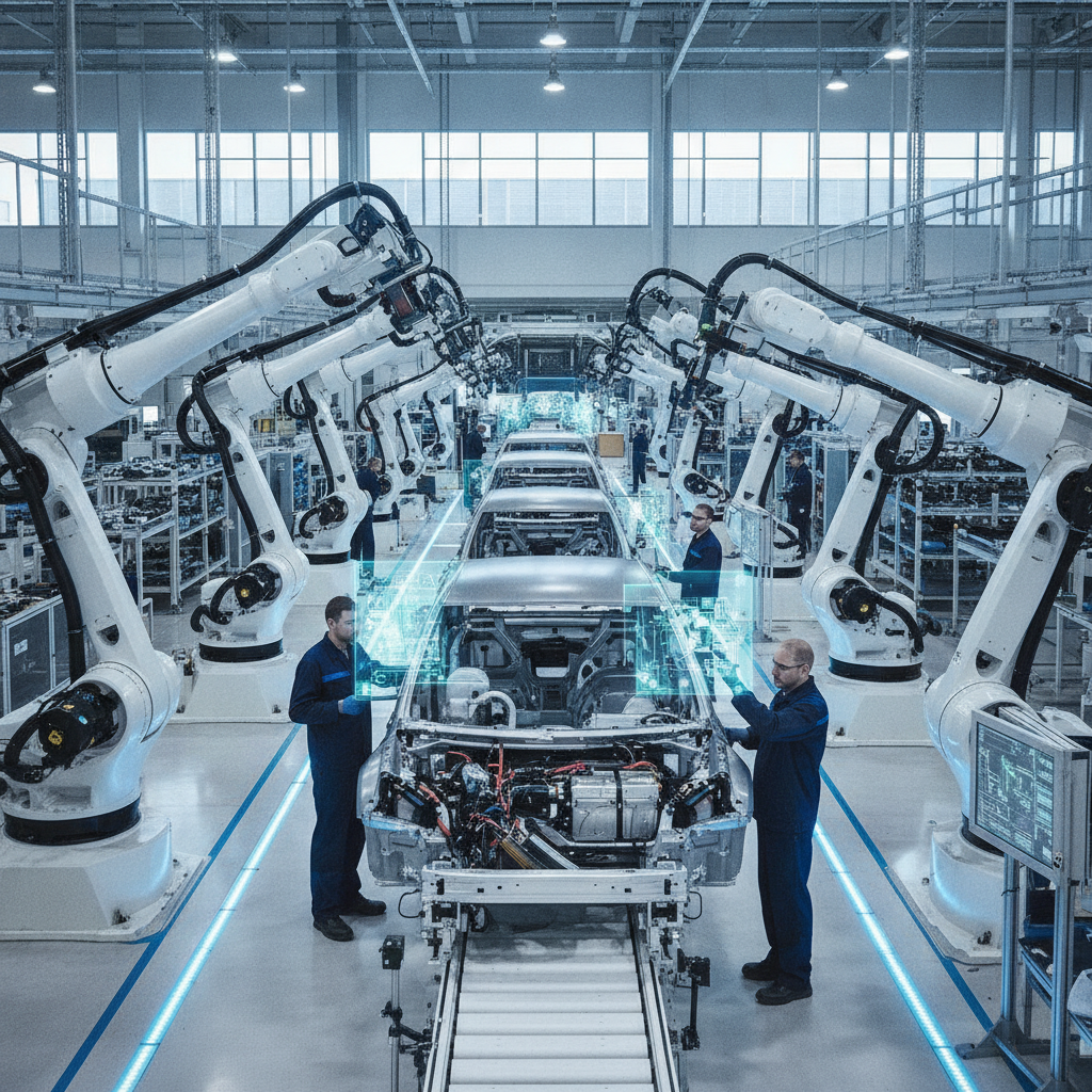 Des robots et des ouvriers assemblent des voitures électriques dans une usine européenne moderne.