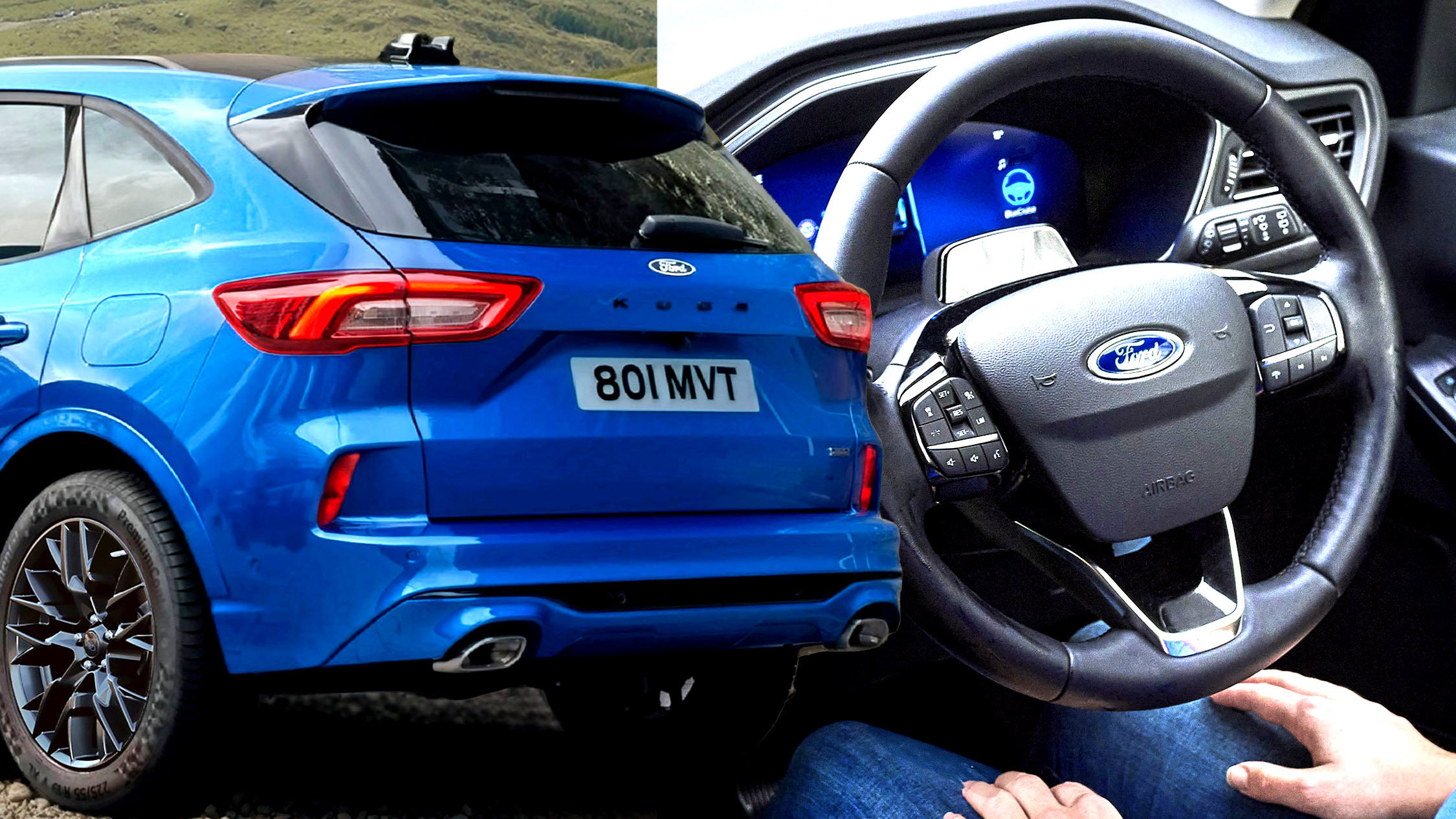 Vue de l'intérieur d'un Ford Kuga 2026, montrant le tableau de bord et le volant avec les indicateurs du système BlueCruise en fonctionnement.