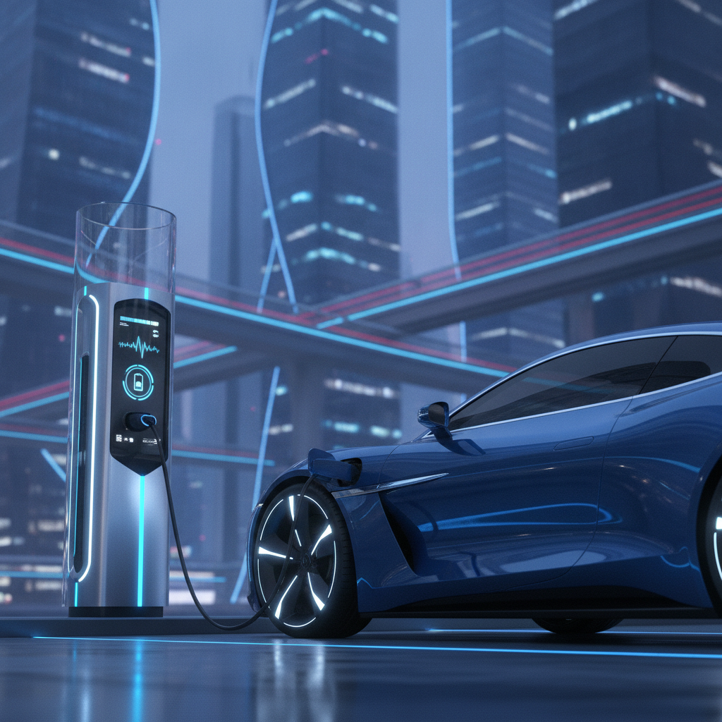 Une voiture électrique branchée à une borne de recharge rapide, avec un écran affichant la progression de la charge.