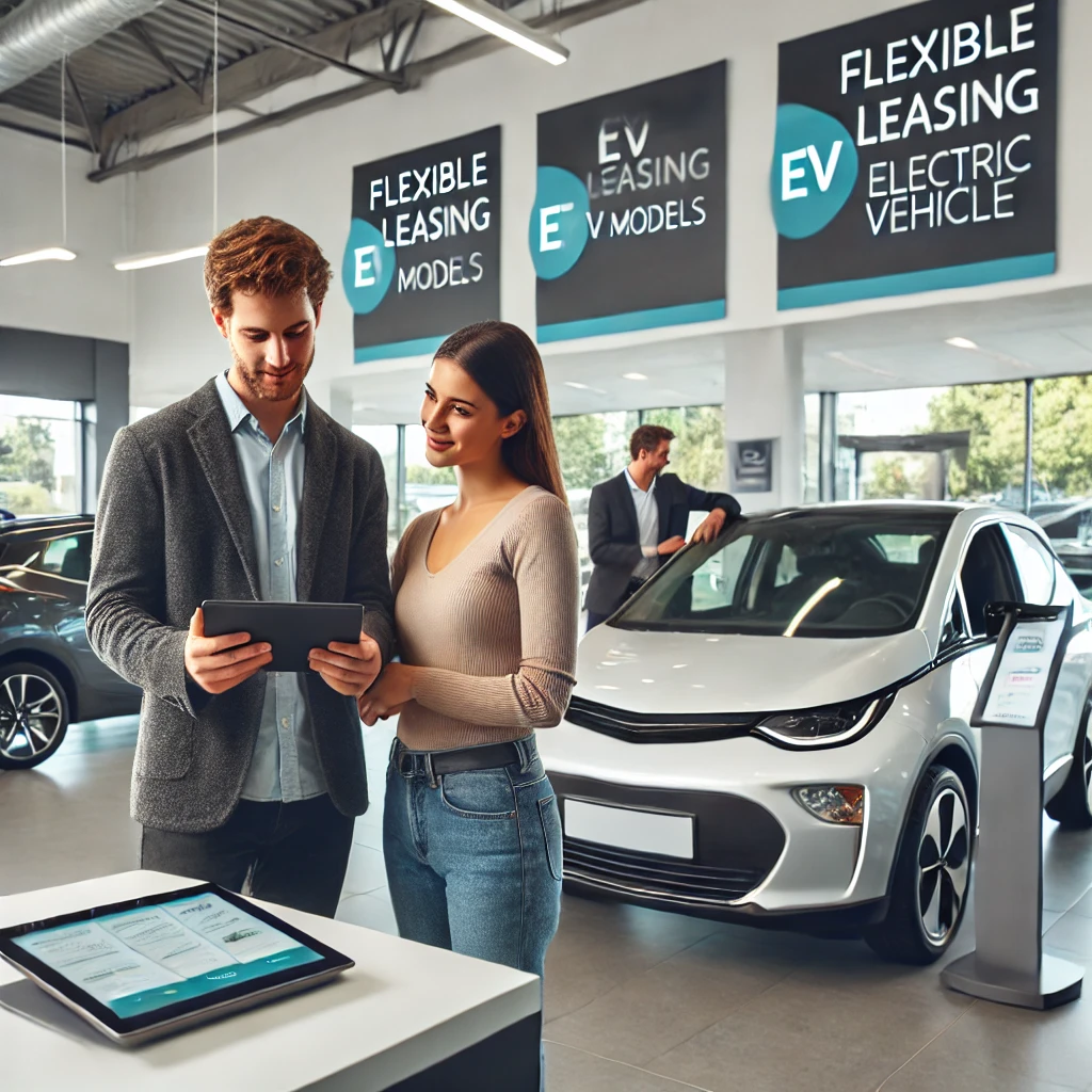 Intérieur d'une voiture électrique moderne avec un grand écran tactile affichant la navigation, des sièges en cuir et un éclairage d'ambiance.