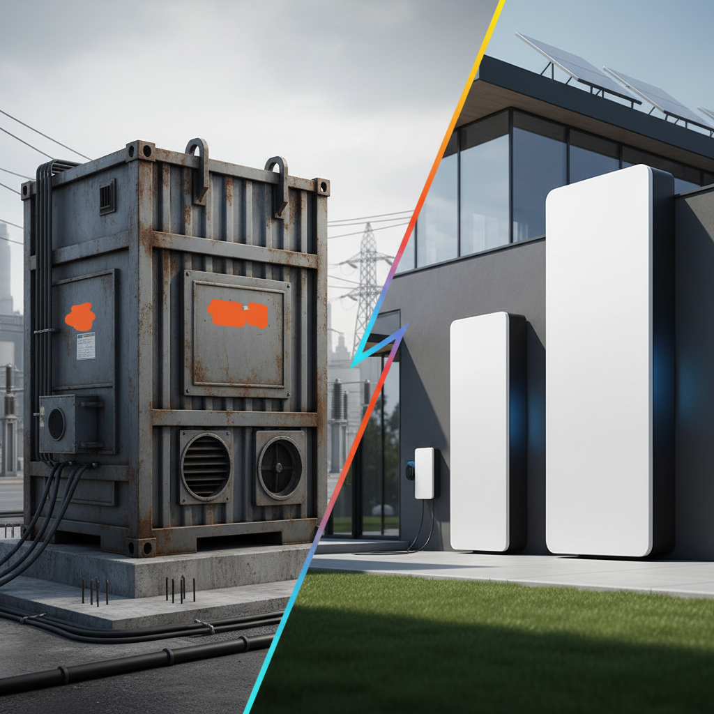 Illustration comparative des systèmes de stockage d'énergie : un conteneur de batterie LFP industriel de Ford à côté des solutions Powerwall et Megapack de Tesla.
