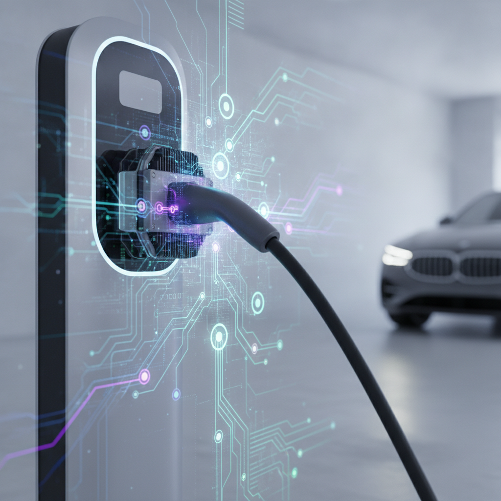 Une batterie de véhicule électrique en charge, avec des éléments visuels abstraits symbolisant l'IA qui optimise le processus.