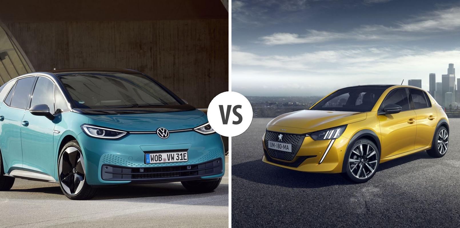 Photo d'une Peugeot e-208 argentée et d'une Volkswagen ID.3 bleue garées côte à côte dans un environnement urbain moderne.