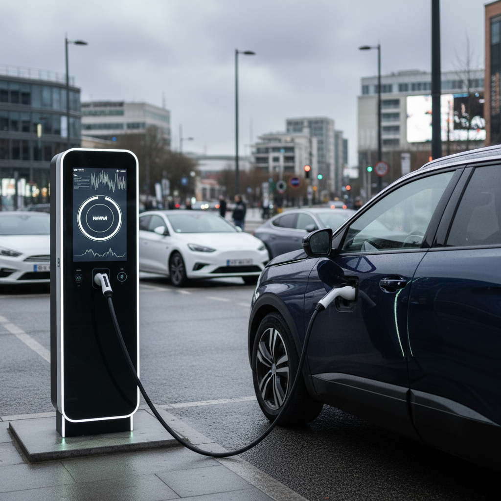 Un Peugeot e-3008 en train de charger à une borne publique, avec un affichage de puissance de charge inférieure à la normale.