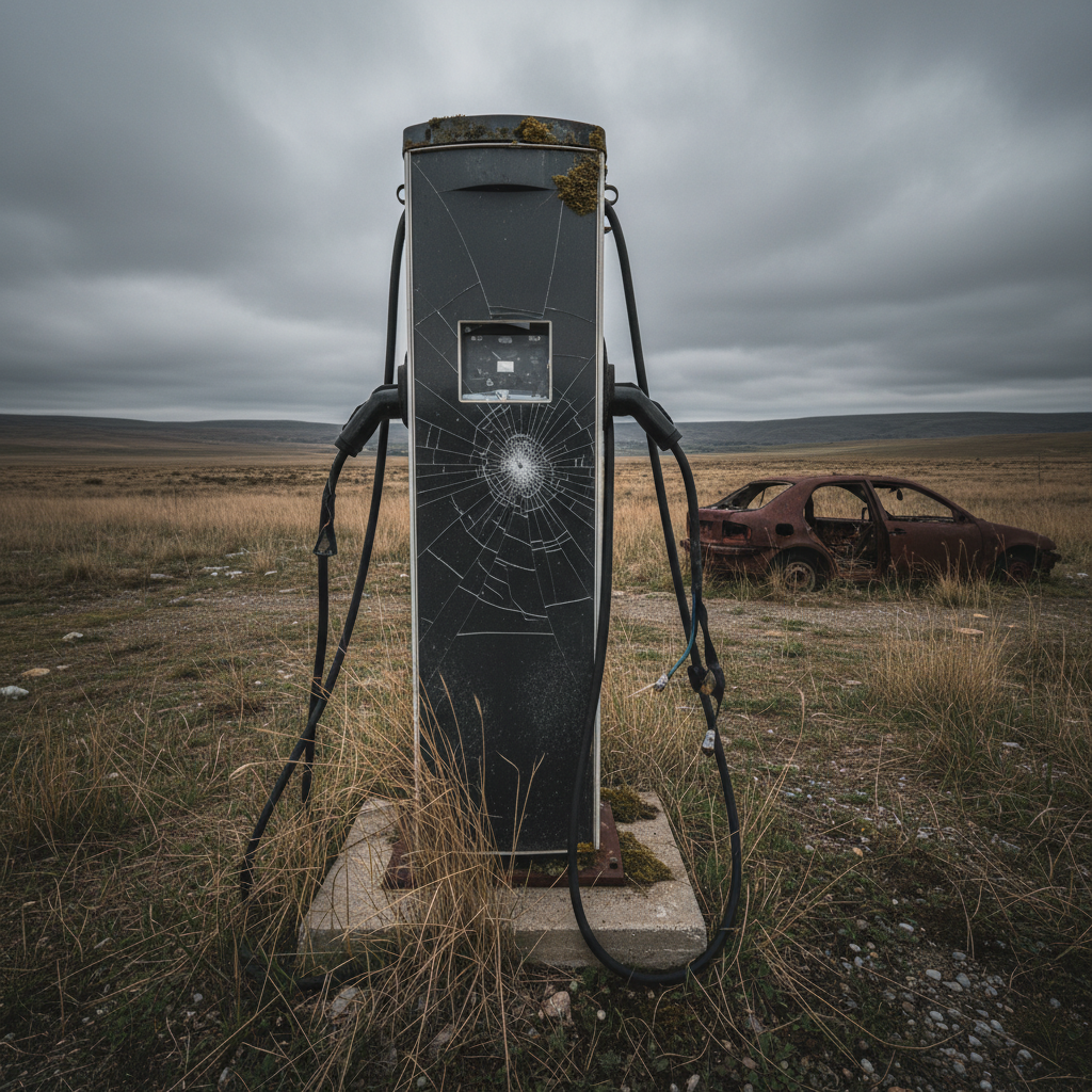 Une borne de recharge pour voiture électrique cassée et abandonnée dans un paysage rural désolé, envahie par la végétation.