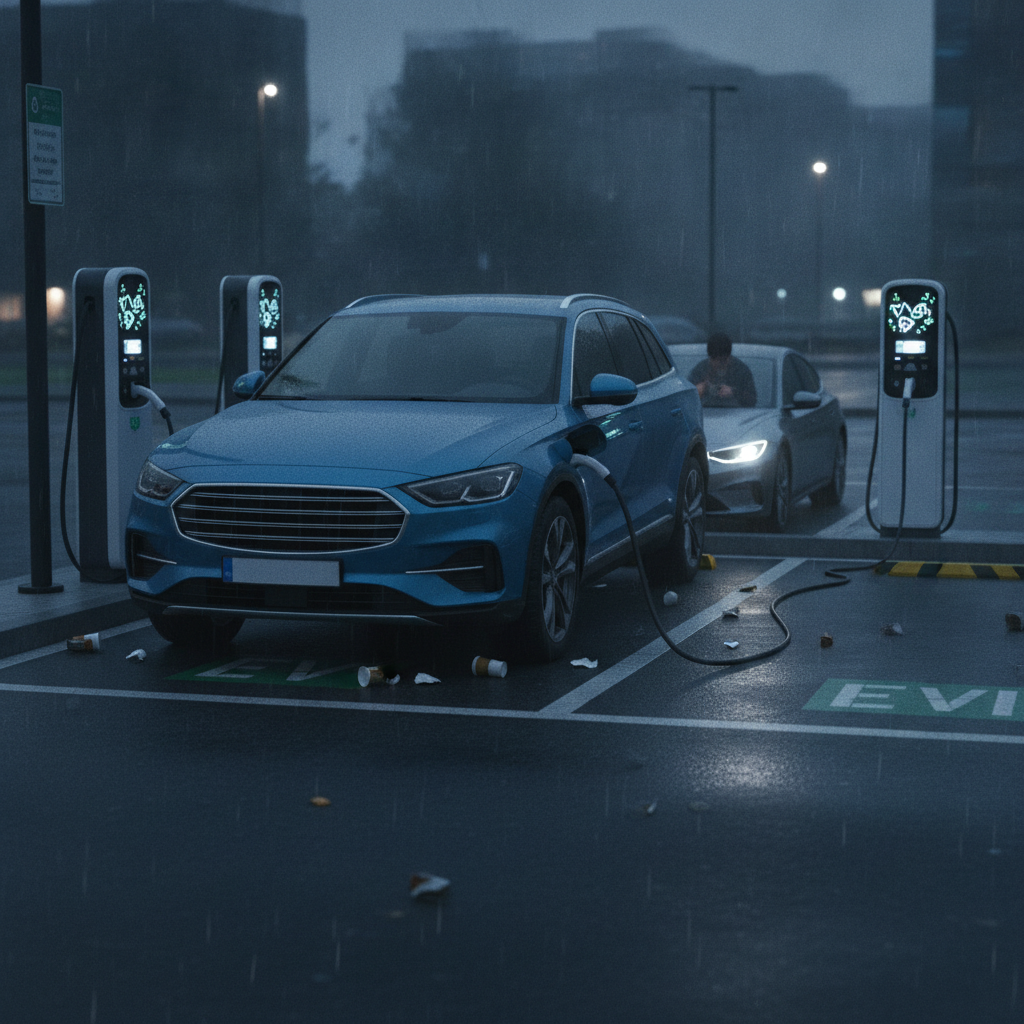 Une voiture à essence garée sur une place de recharge de VE, bloquant l'accès à la borne de recharge.