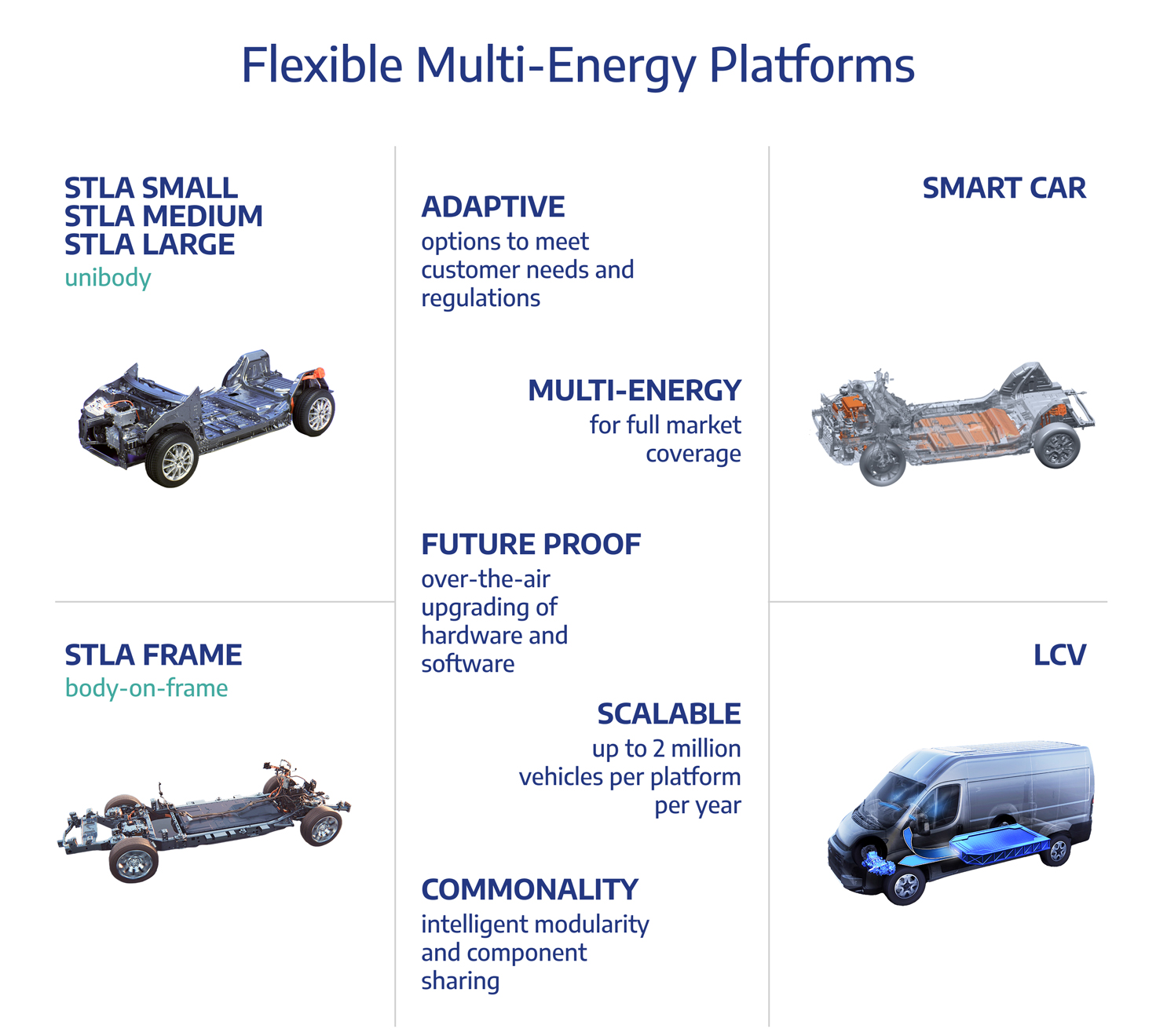 Une gamme de véhicules Stellantis, incluant des modèles électriques, hybrides et thermiques, exposés dans un showroom.