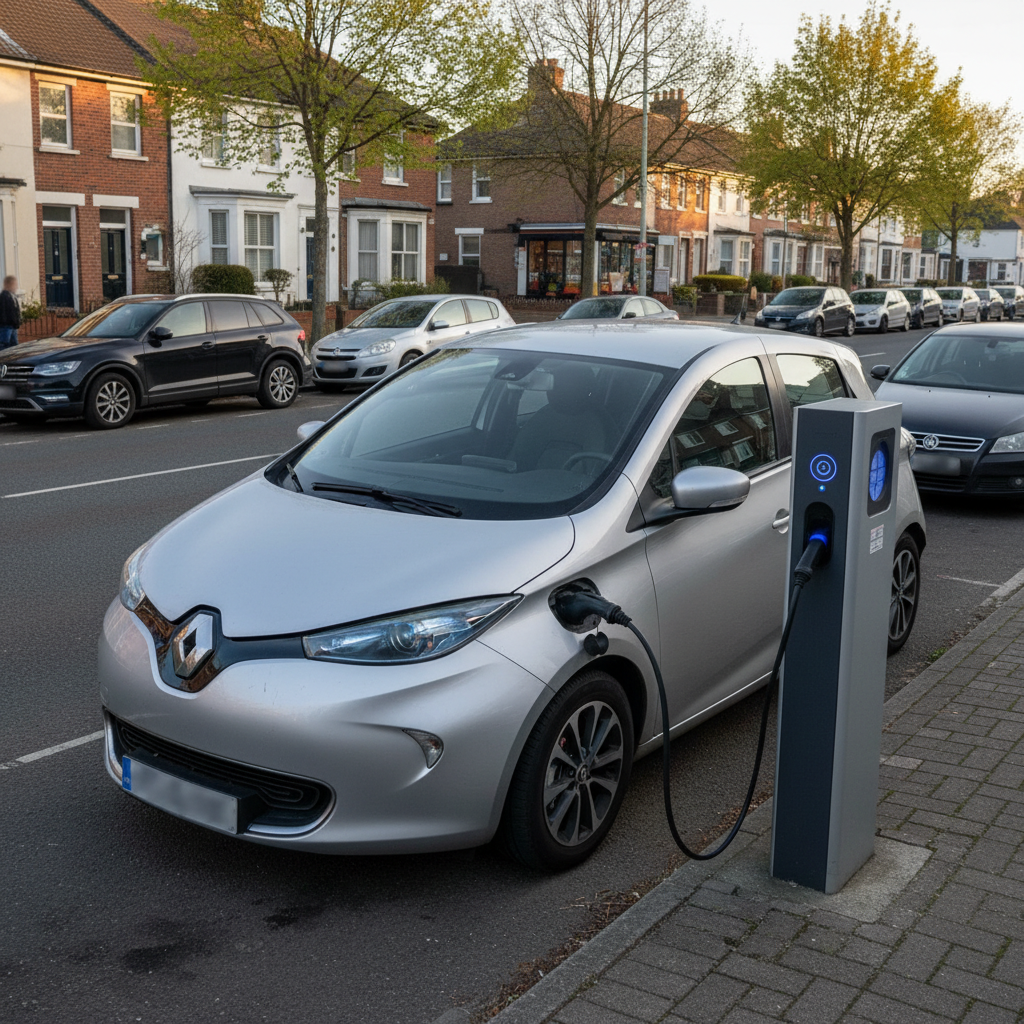 Image d'une voiture électrique d'occasion, comme une Renault Zoé ou une Nissan Leaf, branchée à une borne de recharge publique dans un environnement urbain.