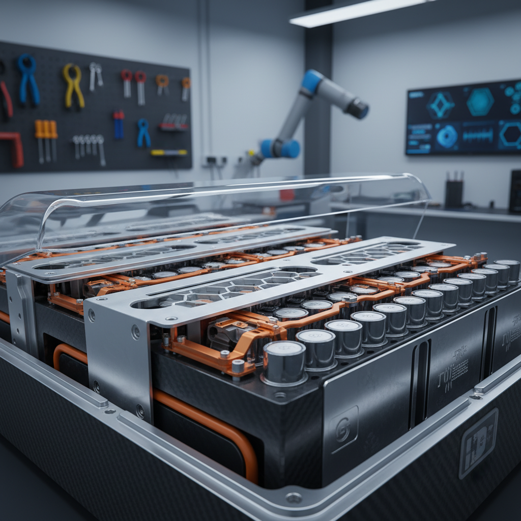 Photographie détaillée d'un pack de batteries de voiture électrique, montrant sa structure interne dans un environnement technique.