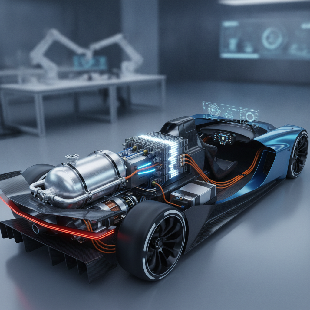 Vue en coupe d'une voiture de course futuriste montrant un réservoir cryogénique et des composants de pile à combustible à hydrogène liquide.