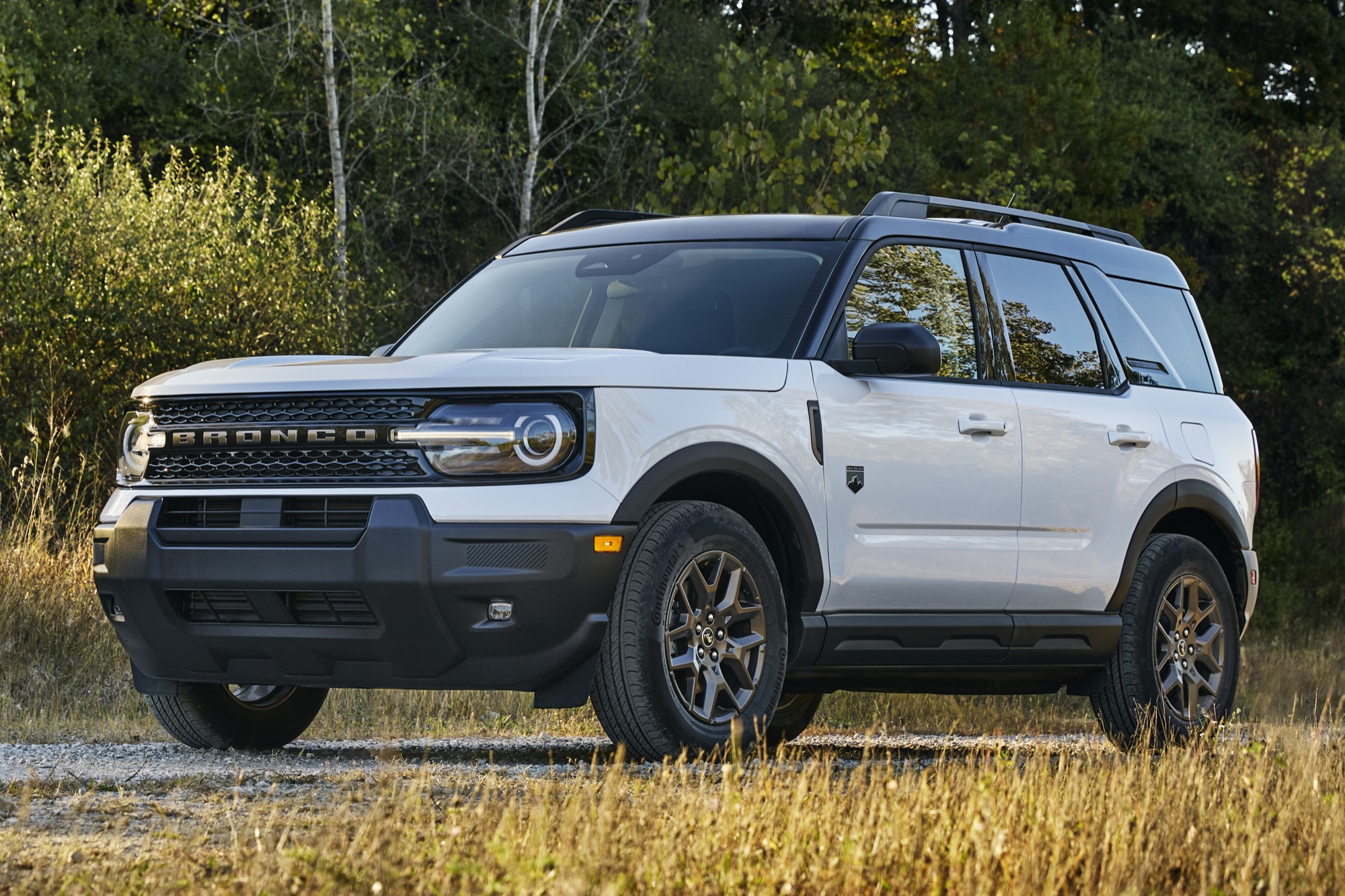 Un Ford Bronco Sport PHEV de couleur vive roulant sur une route européenne.